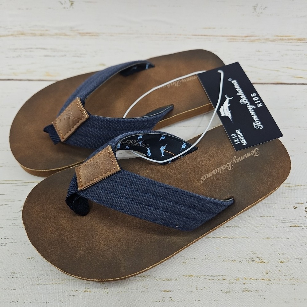Tommy Bahama Kids Boys Flip Flop Sandals Brown Navy‎ Blue Size Medium 12/13